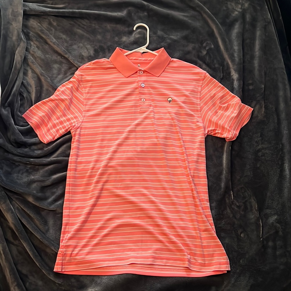 Salmon & white striped southern shirt company polo